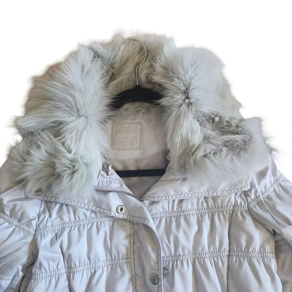 Naf Naf Silver Snap Front Zip Jacket Real Fur Detachable Packable Hood Small - Picture 5 of 12